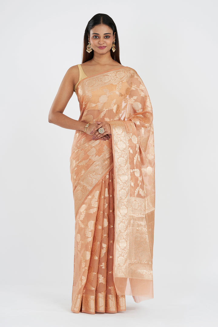 Teejh Divina Light Peach Banarasi Semi Georgette Silk Saree