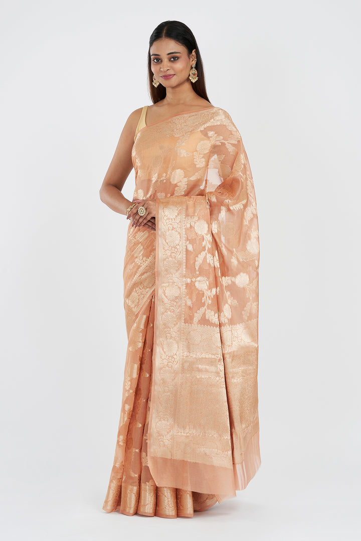 Teejh Divina Light Peach Banarasi Semi Georgette Silk Saree