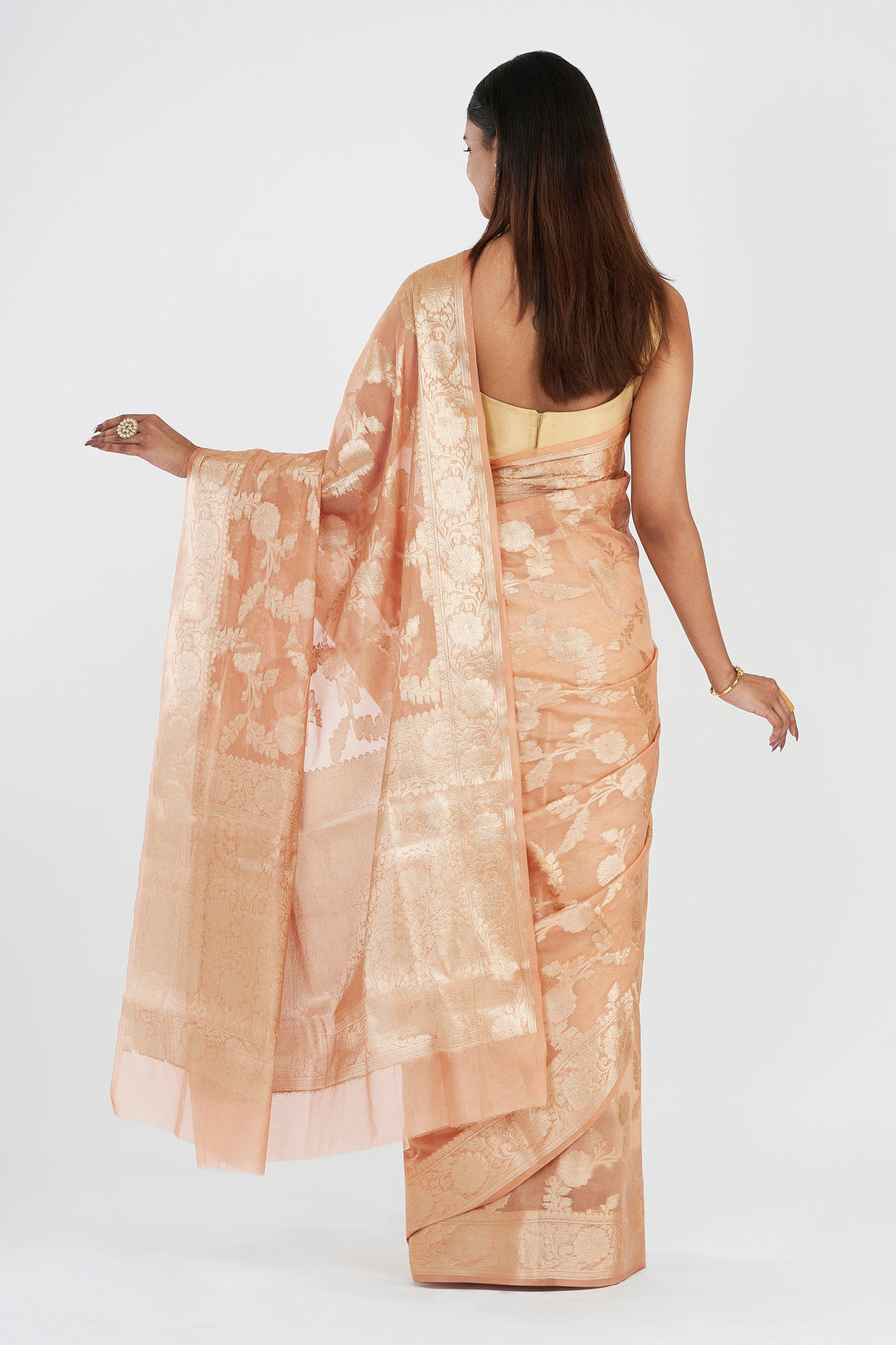Teejh Divina Light Peach Banarasi Semi Georgette Silk Saree