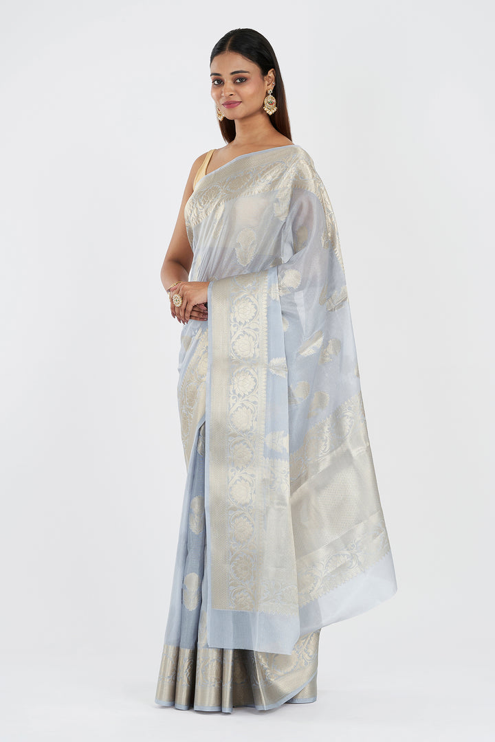 Teejh Vismita Grey Banarasi Semi Chiffon Warm Silk Saree