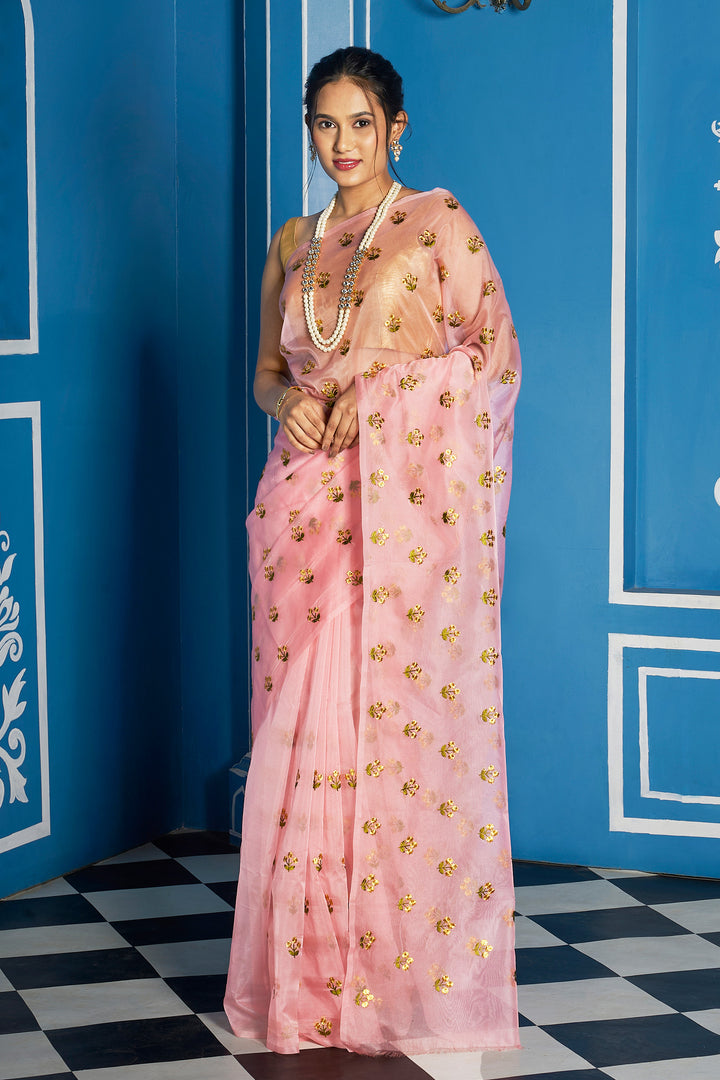 Teejh Tia Pink Kora Organza Silk embroidery work Saree