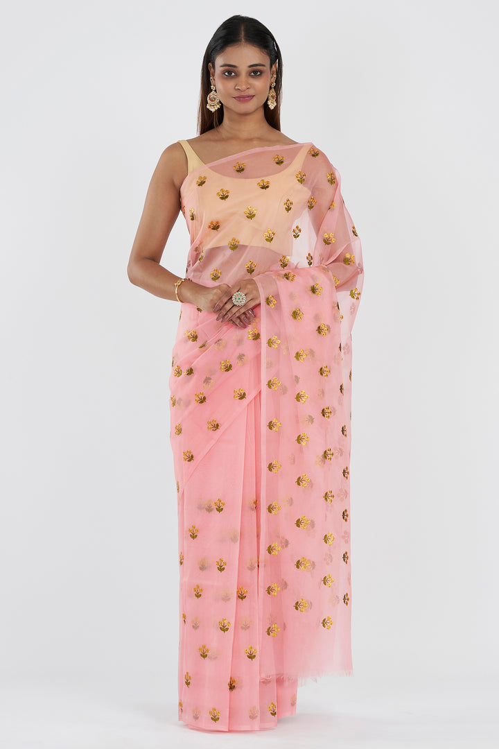 Teejh Tia Pink Kora Organza Silk embroidery work Saree