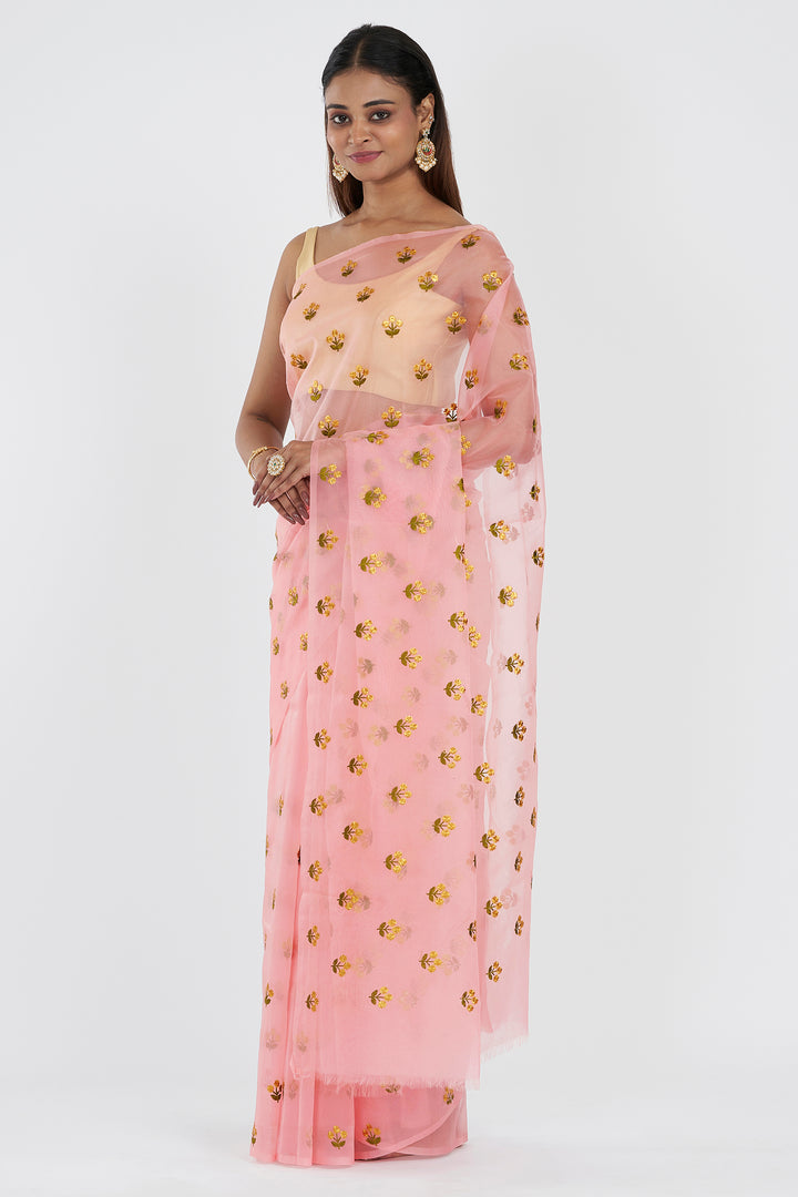 Teejh Tia Pink Kora Organza Silk embroidery work Saree
