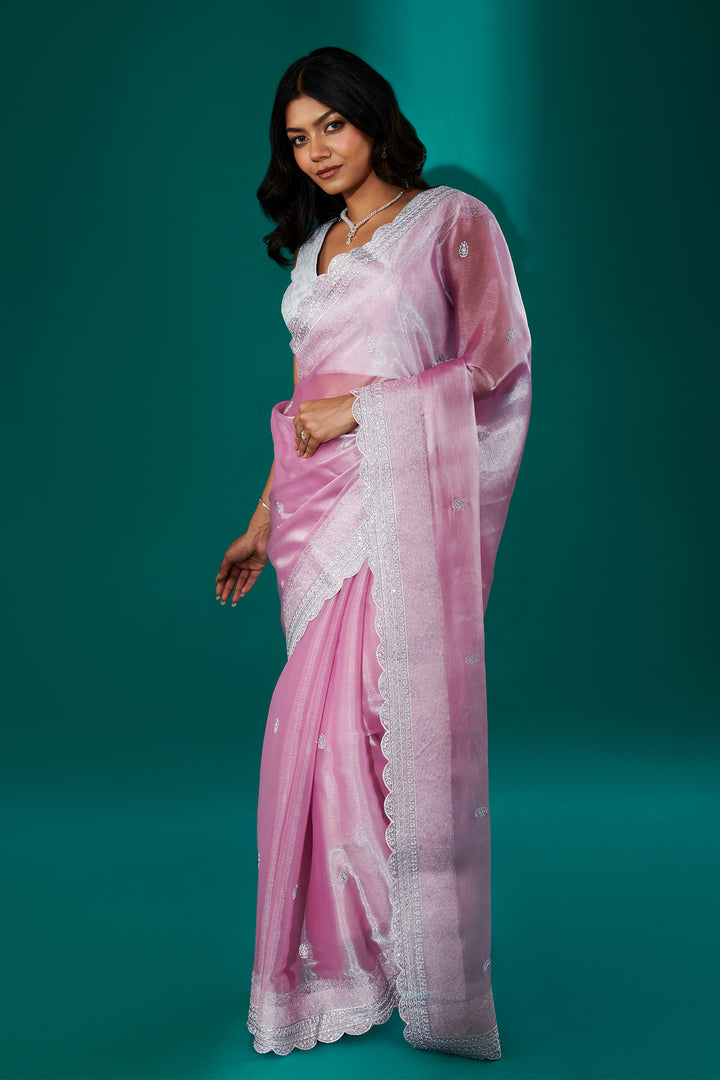 Teejh Geetanjali Onion Pink Shimmer Tissue Saree