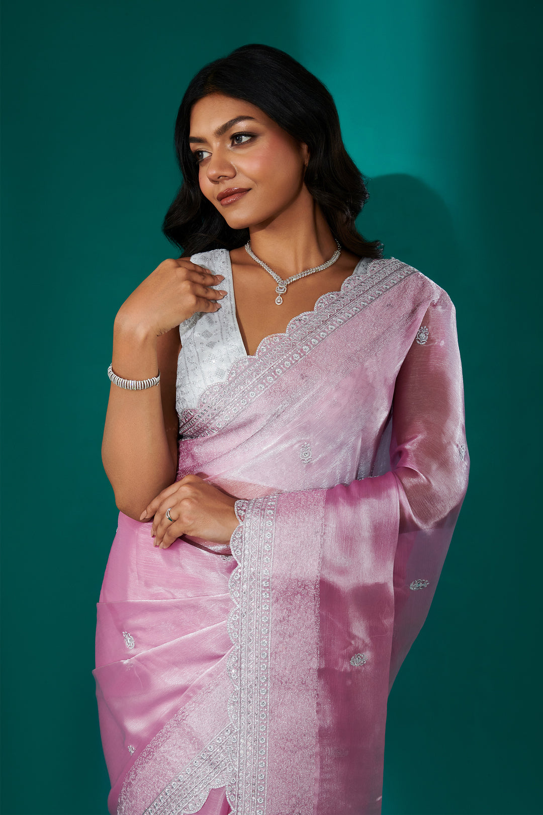 Teejh Geetanjali Onion Pink Shimmer Tissue Saree