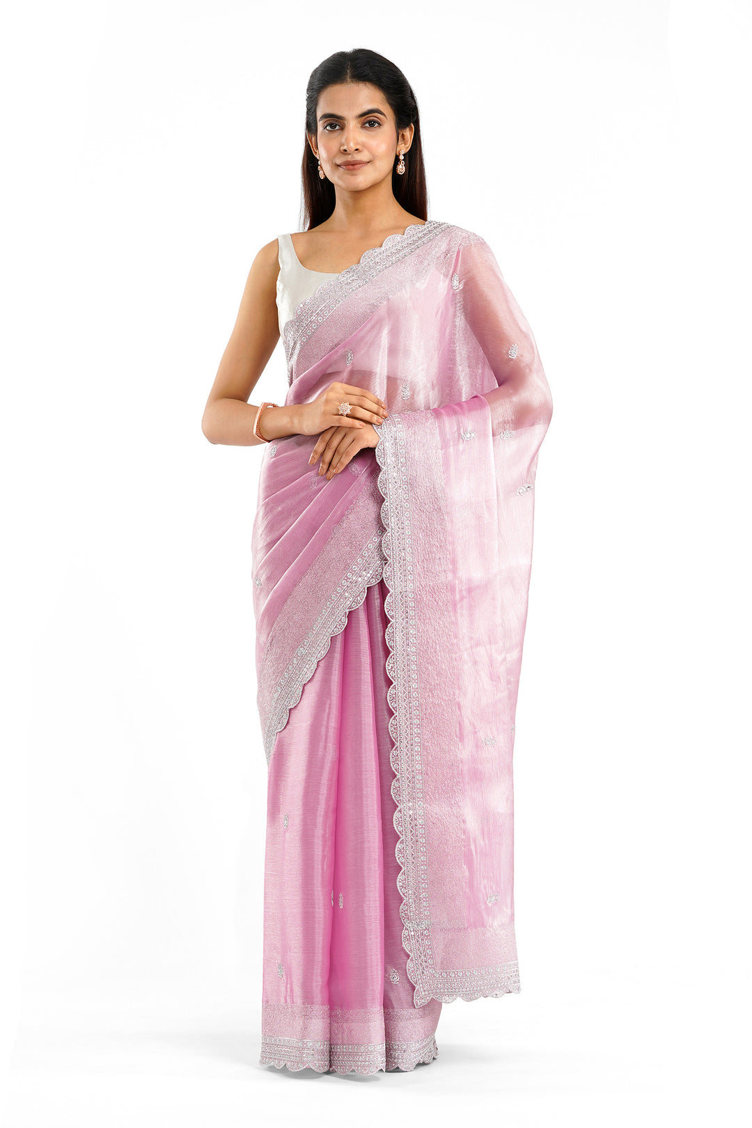 Teejh Geetanjali Onion Pink Shimmer Tissue Saree