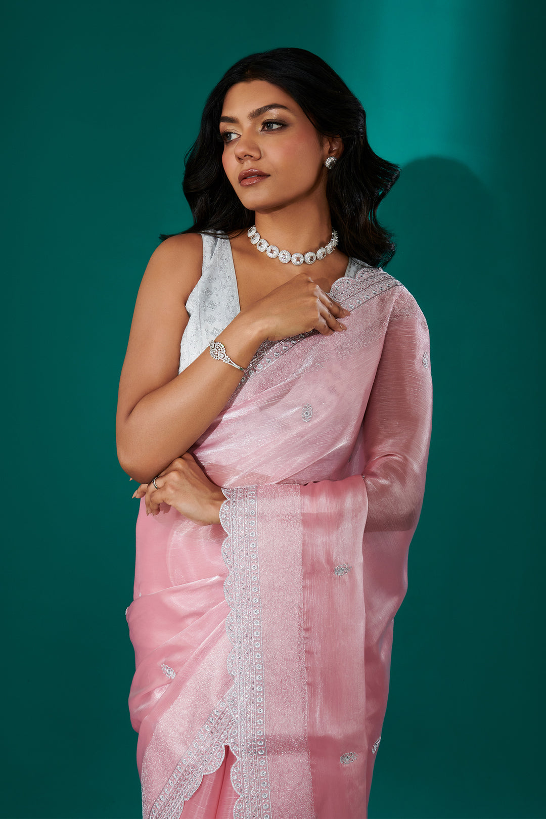 Teejh Geetanjali Pink Shimmer Tissue Saree