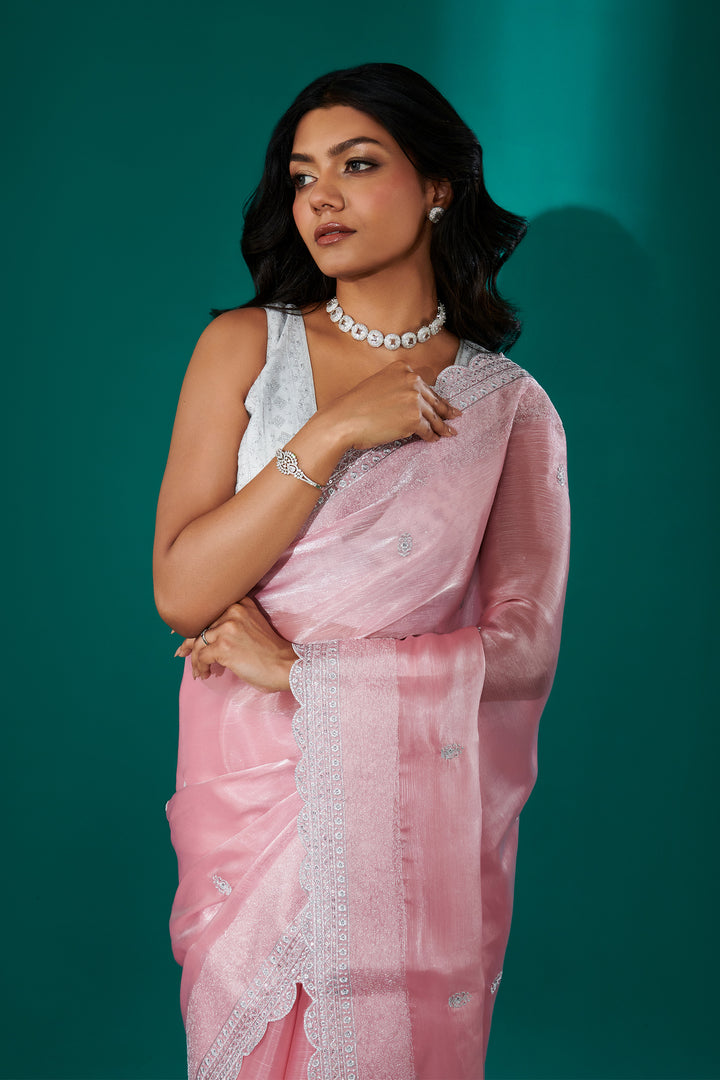 Teejh Geetanjali Pink Shimmer Tissue Saree