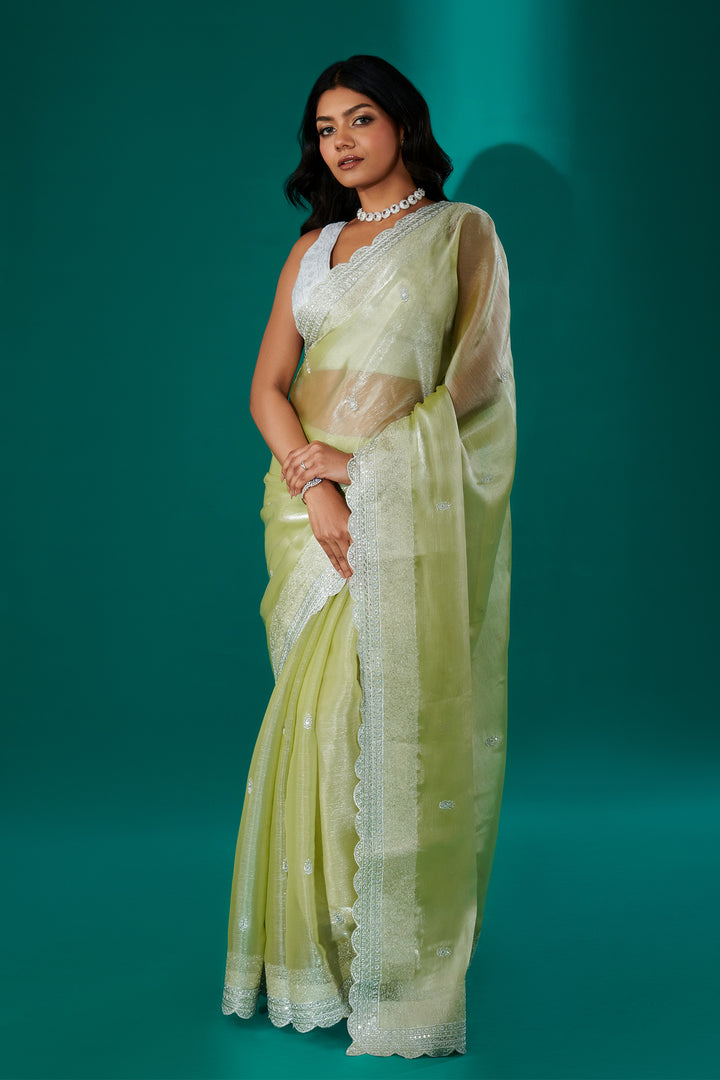 Teejh Geetanjali Green Shimmer Tissue Saree