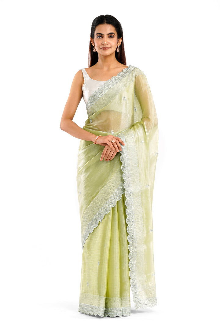 Teejh Geetanjali Green Shimmer Tissue Saree