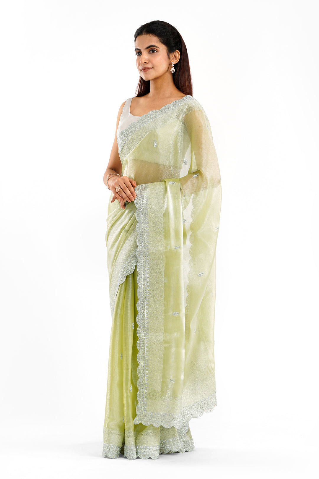 Teejh Geetanjali Green Shimmer Tissue Saree
