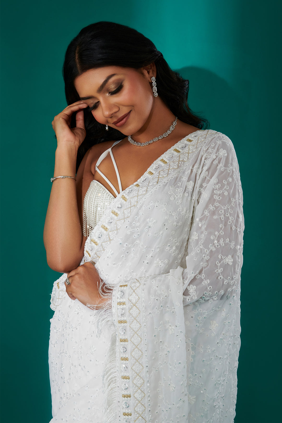 Teejh Kamla Off White Georgette Saree
