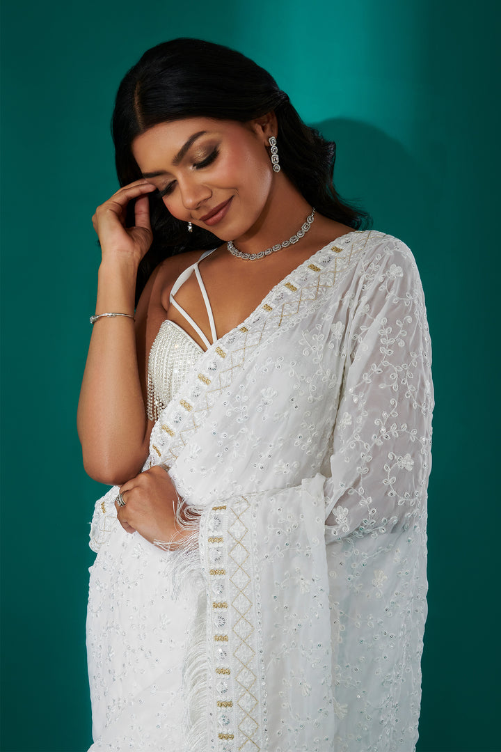 Teejh Kamla Off White Georgette Saree