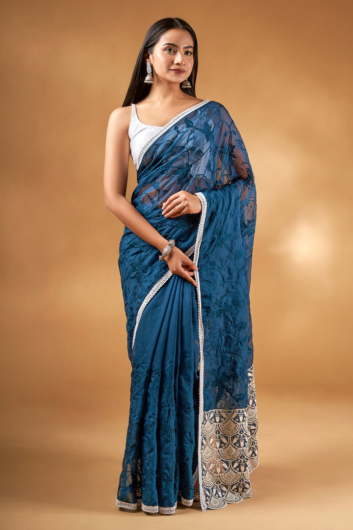 Teejh Kushboo Dark Blue Organza Saree