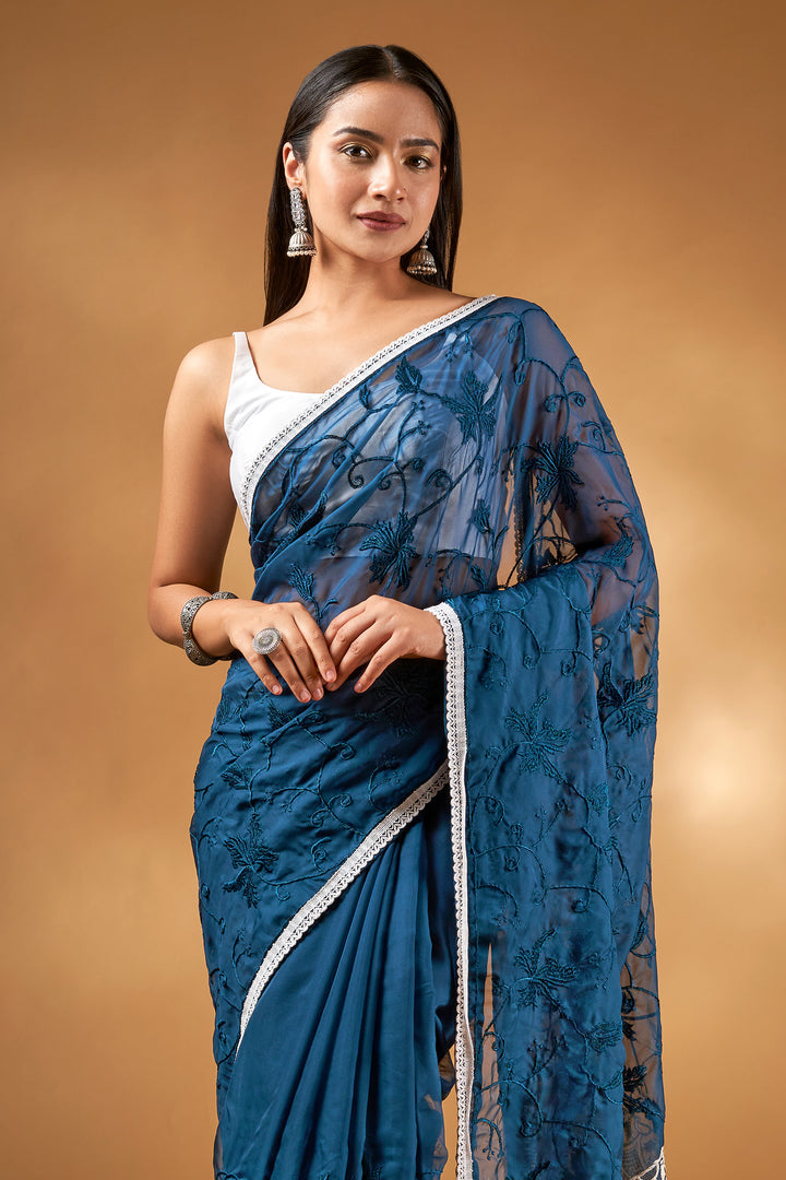 Teejh Kushboo Dark Blue Organza Saree