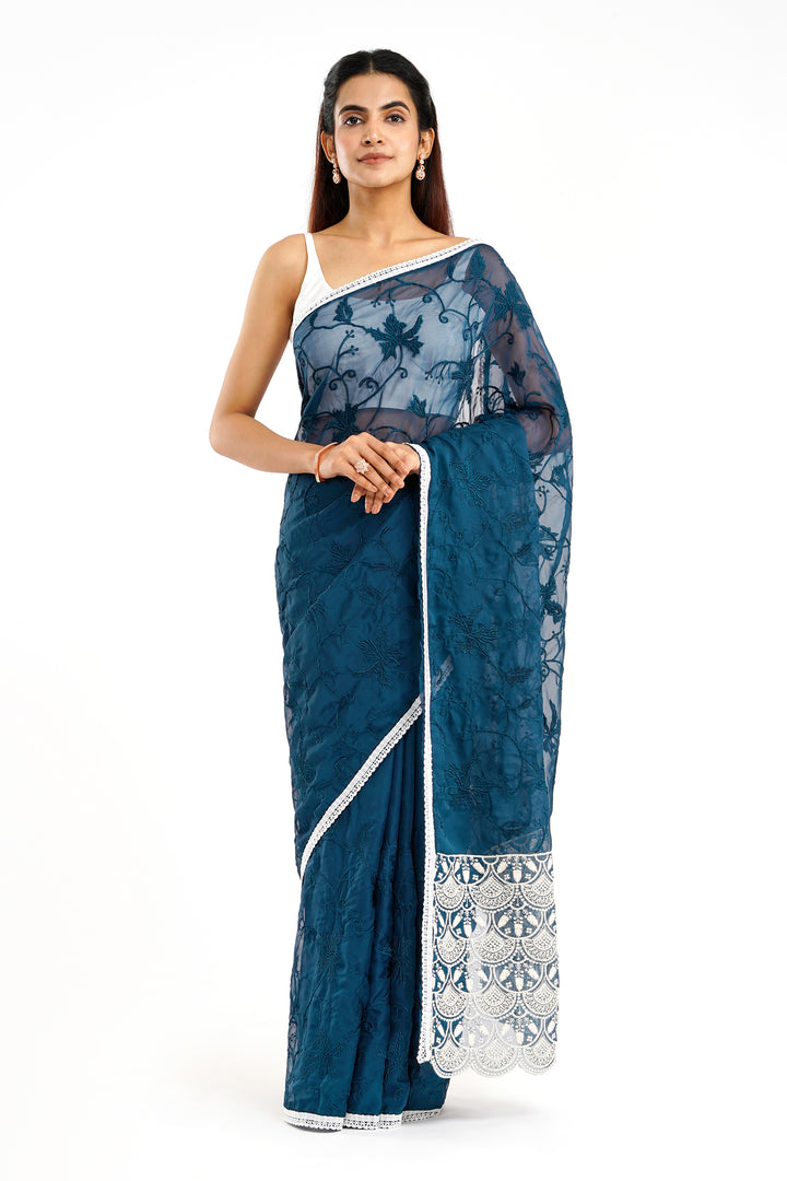 Teejh Kushboo Dark Blue Organza Saree