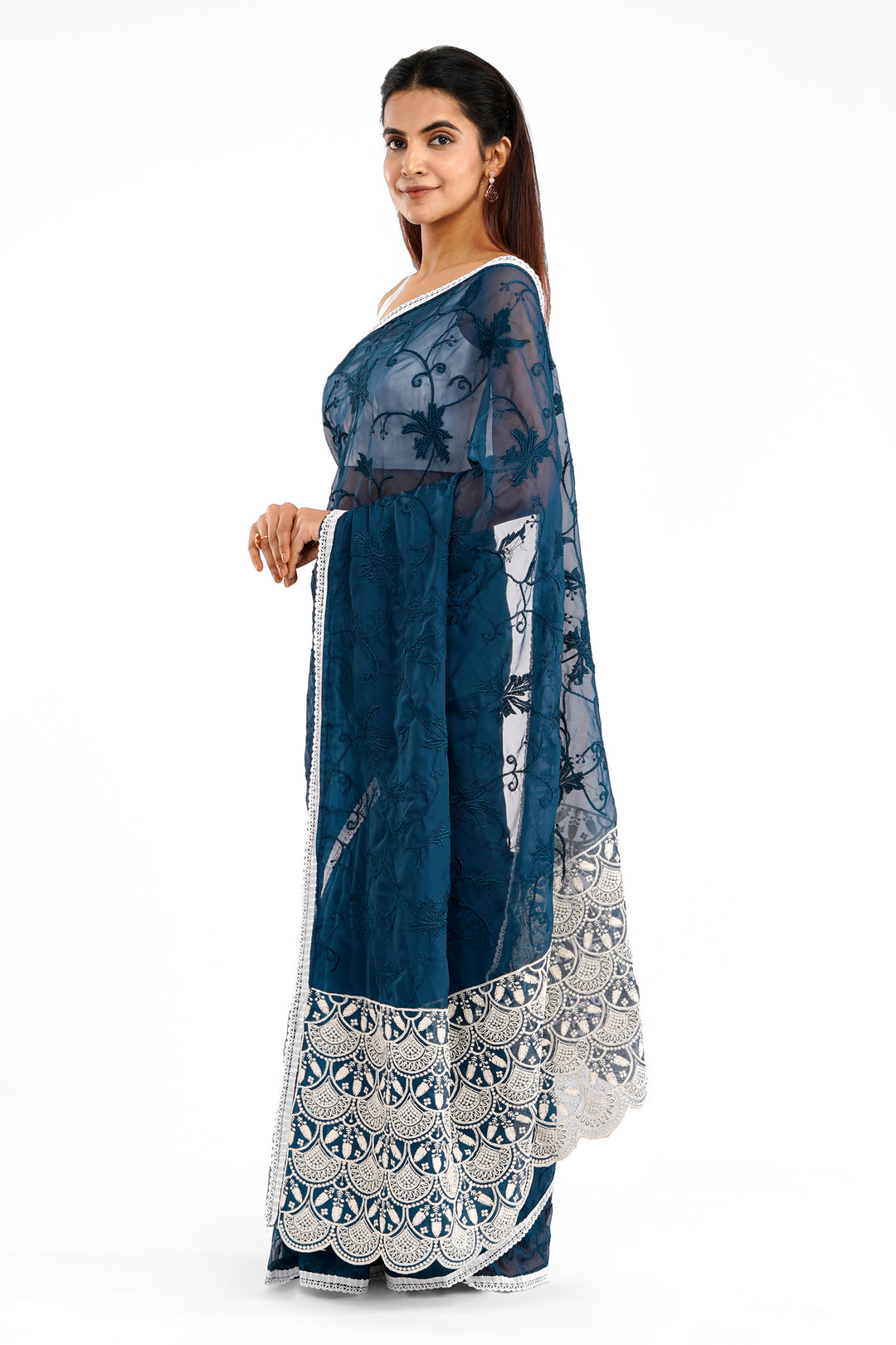 Teejh Kushboo Dark Blue Organza Saree