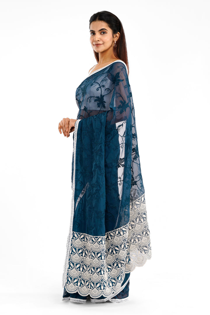Teejh Kushboo Dark Blue Organza Saree