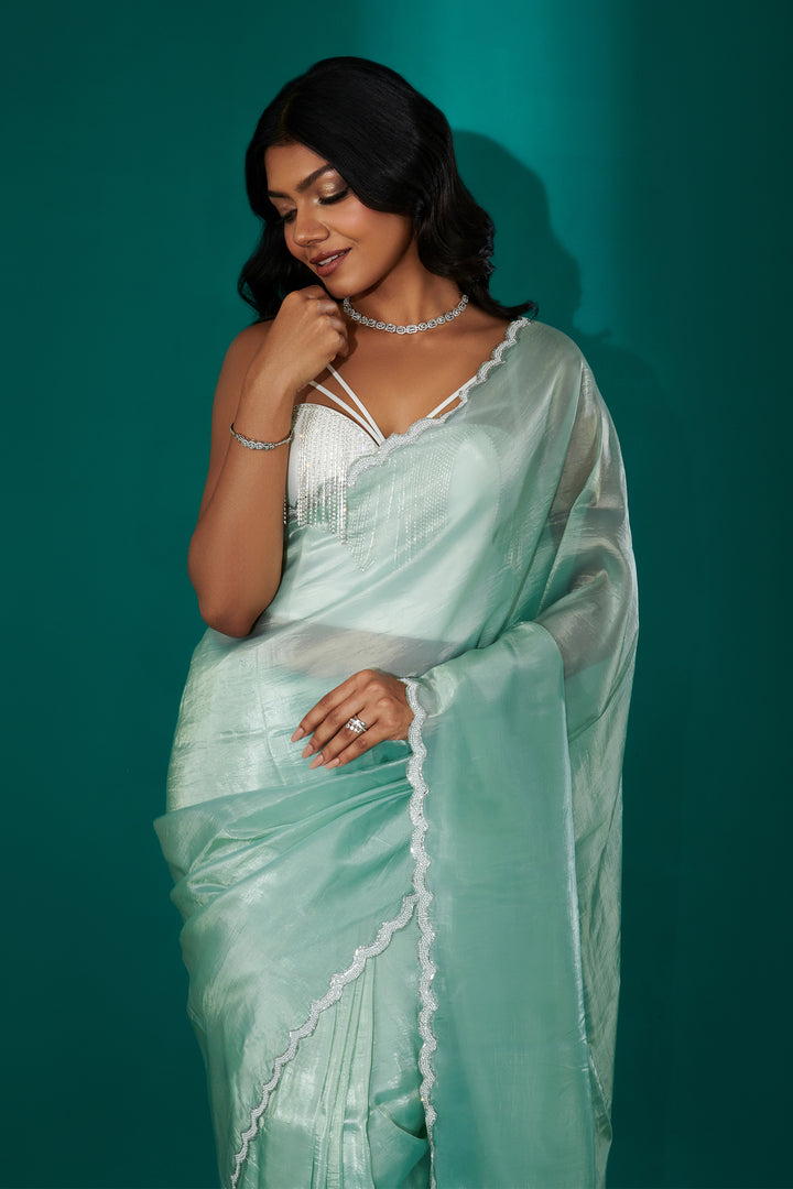 Teejh Kaanch Sky Blue Shimmer Tissue Saree