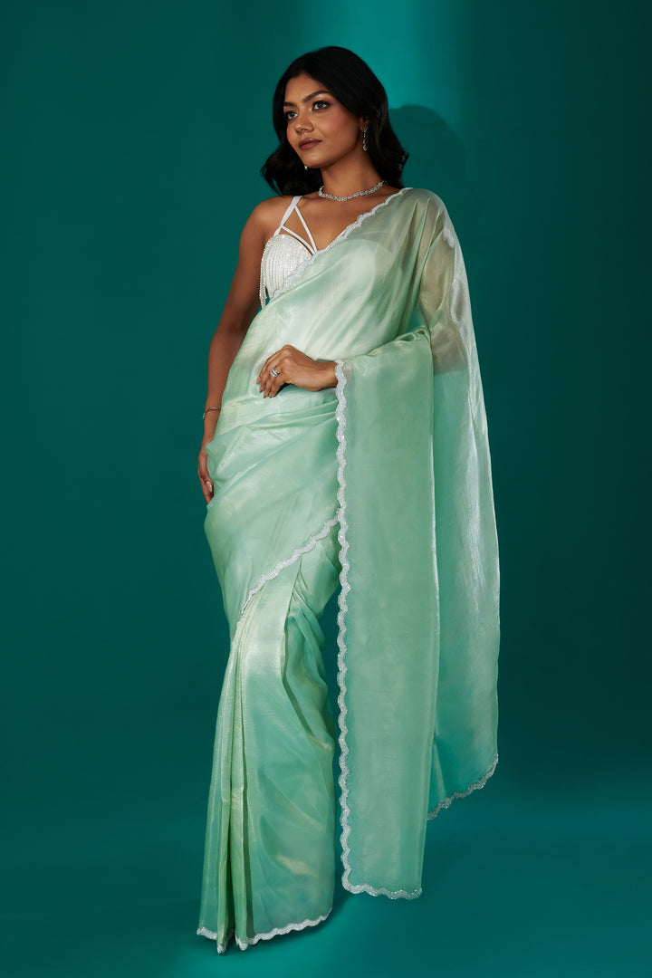 Teejh Kaanch Green Shimmer Tissue Saree