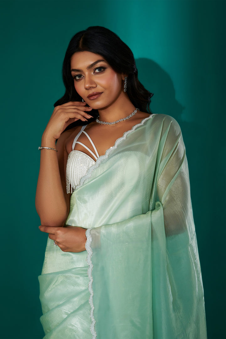 Teejh Kaanch Green Shimmer Tissue Saree