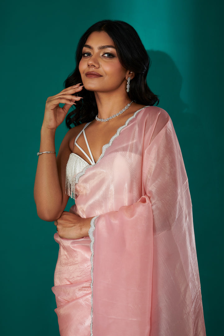 Teejh Kaanch Pink Shimmer Tissue Saree