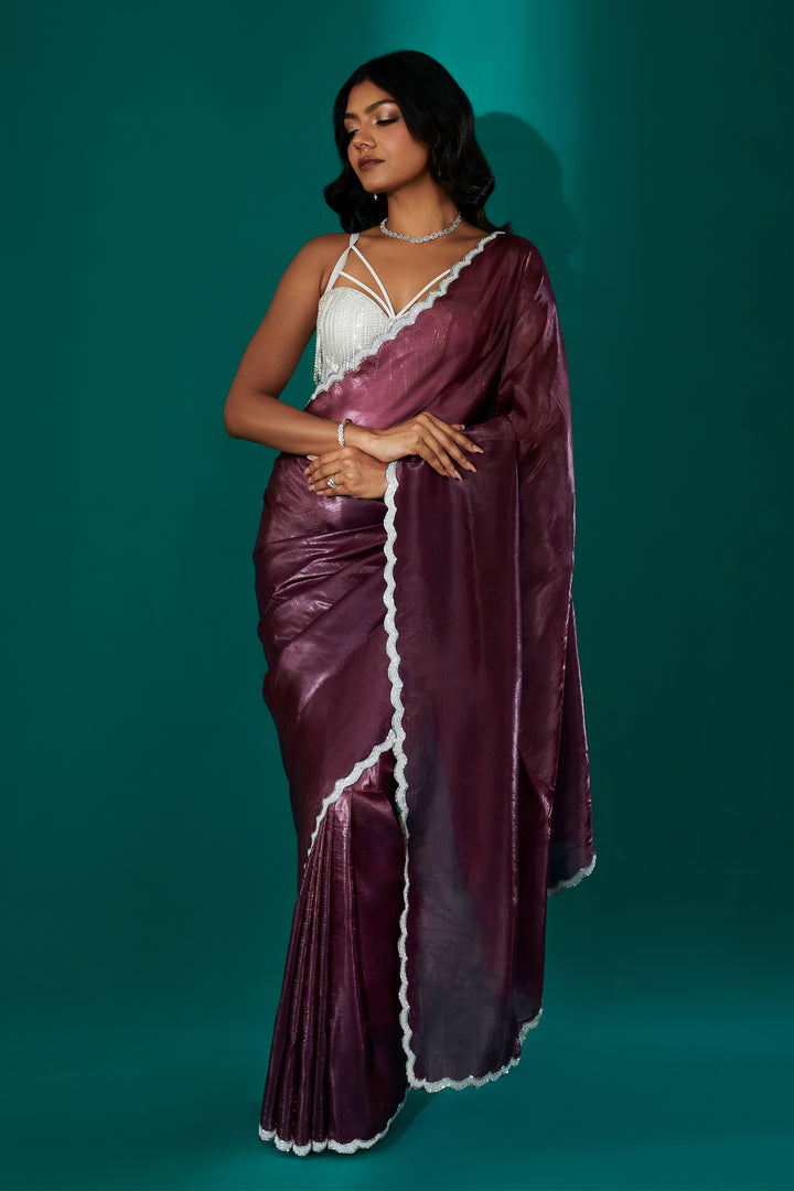 Teejh Kaanch Burgundy Shimmer Tissue Saree