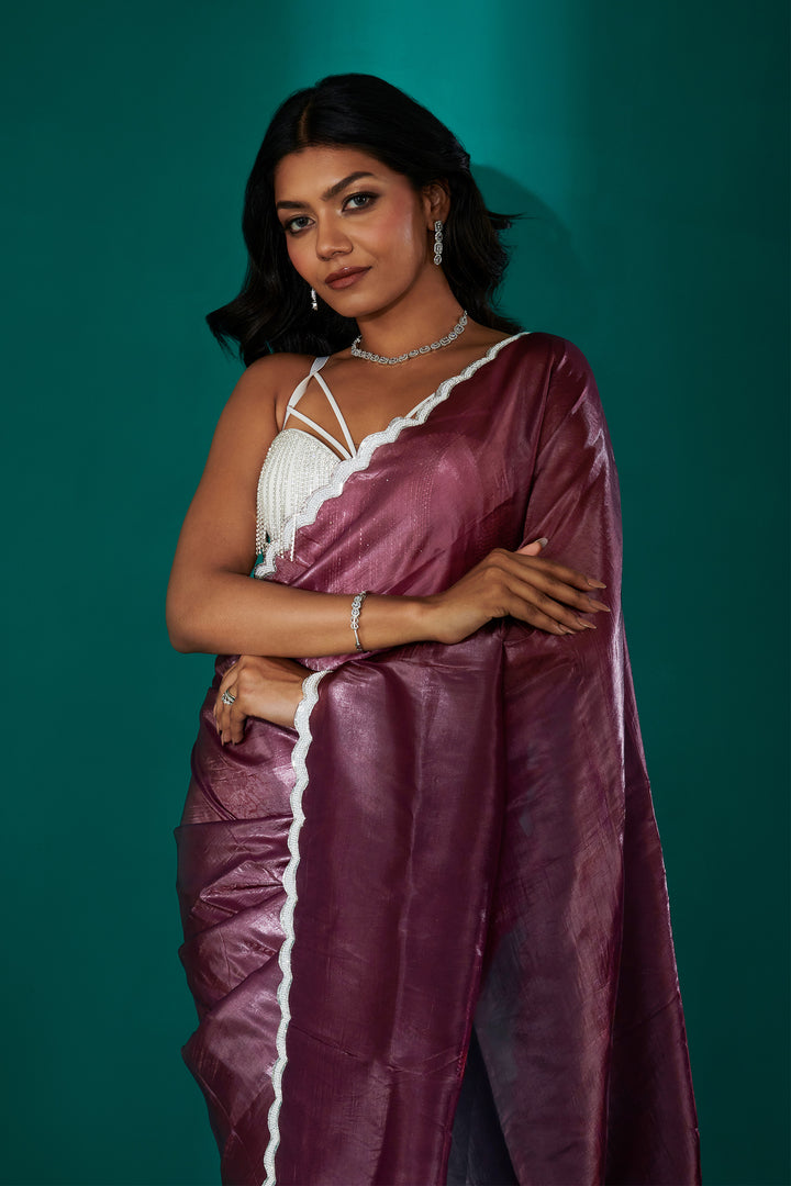 Teejh Kaanch Burgundy Shimmer Tissue Saree