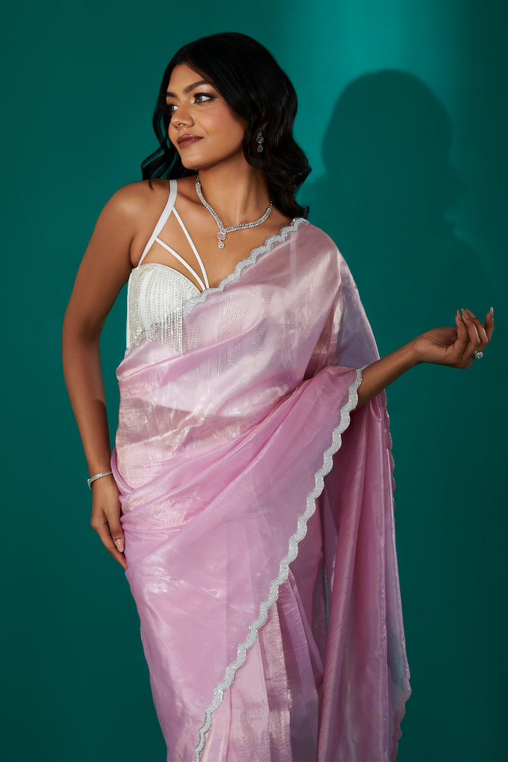 Teejh Kaanch Onion Pink Shimmer Tissue Saree