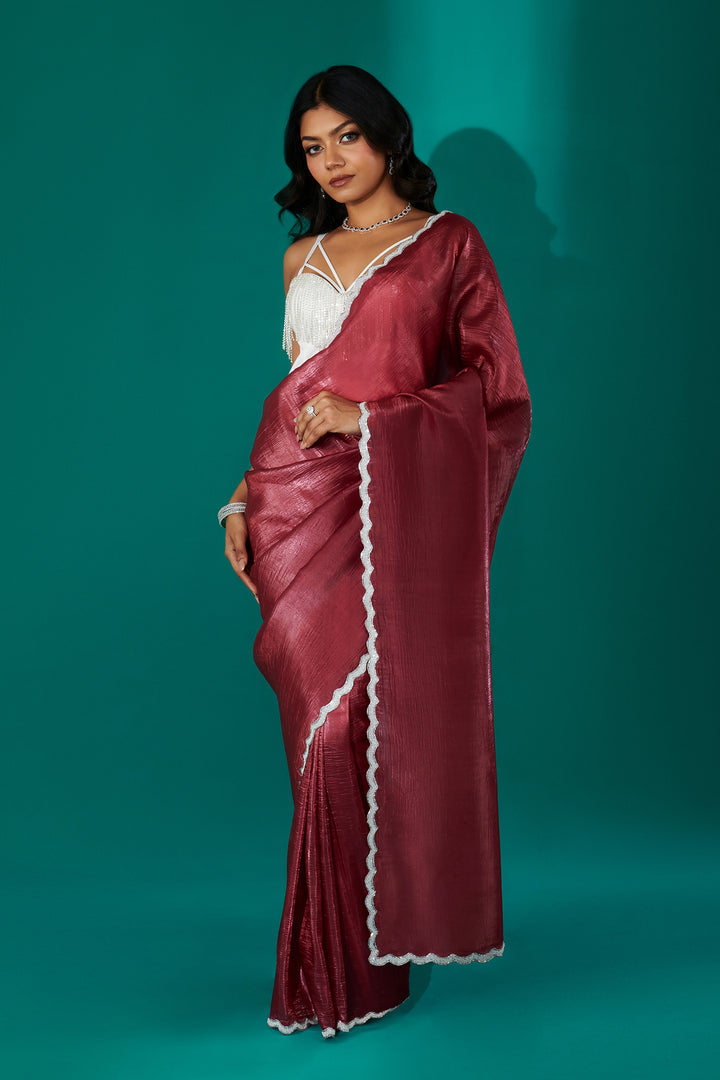 Teejh Kaanch Brick Red Shimmer Tissue Saree