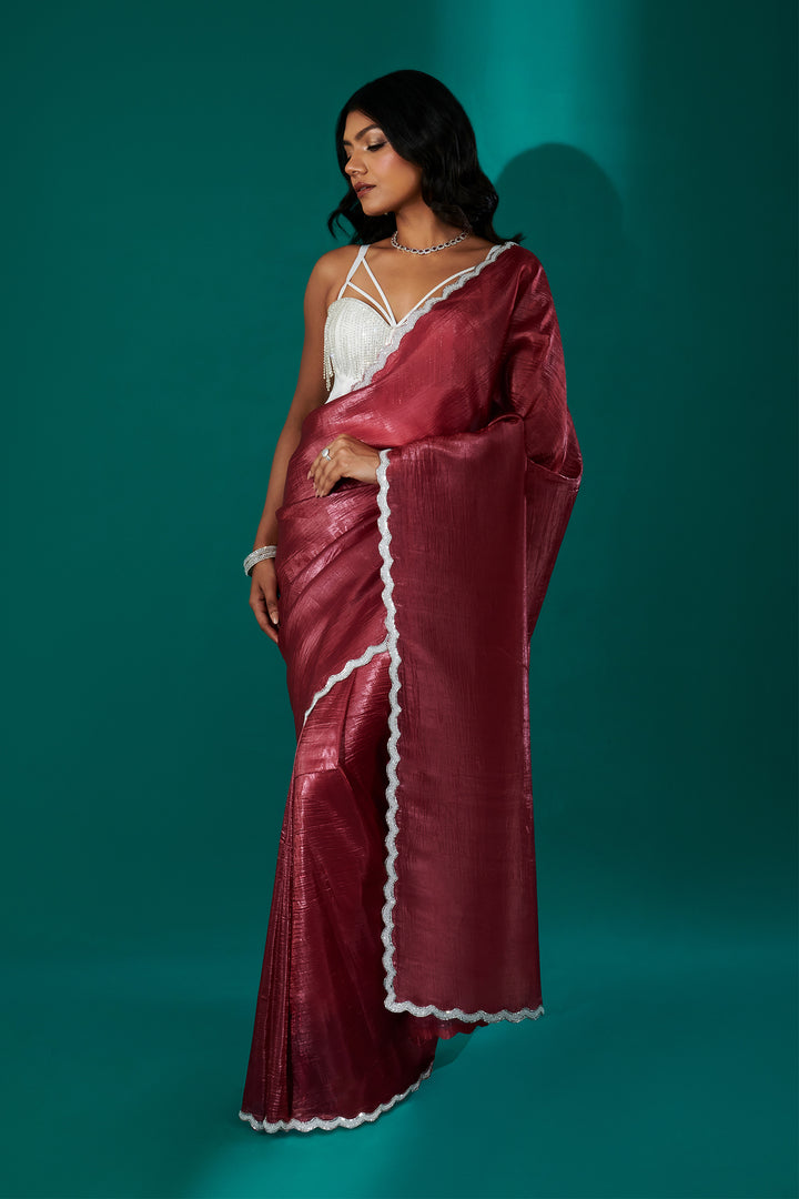 Teejh Kaanch Brick Red Shimmer Tissue Saree