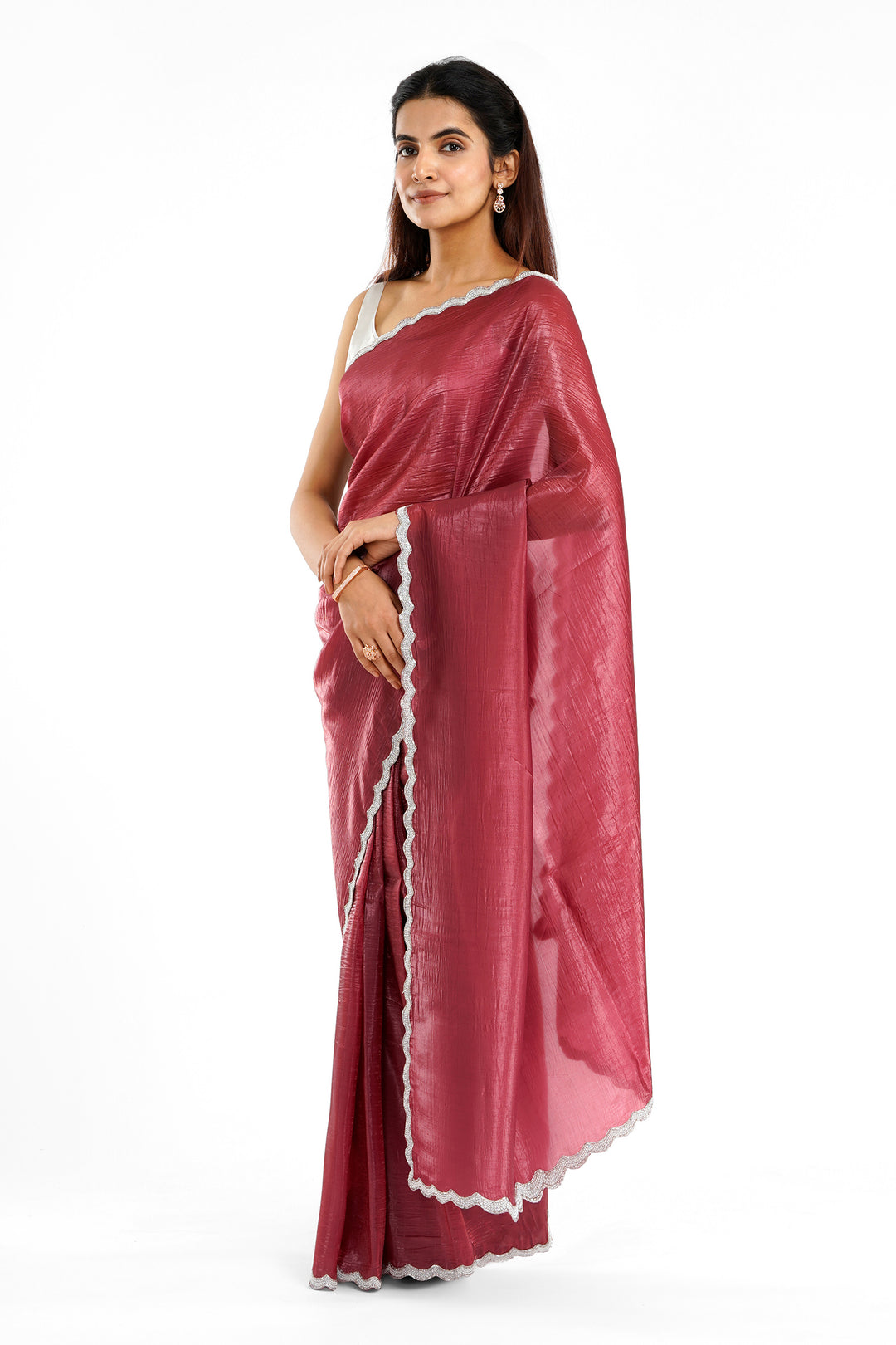 Teejh Kaanch Brick Red Shimmer Tissue Saree
