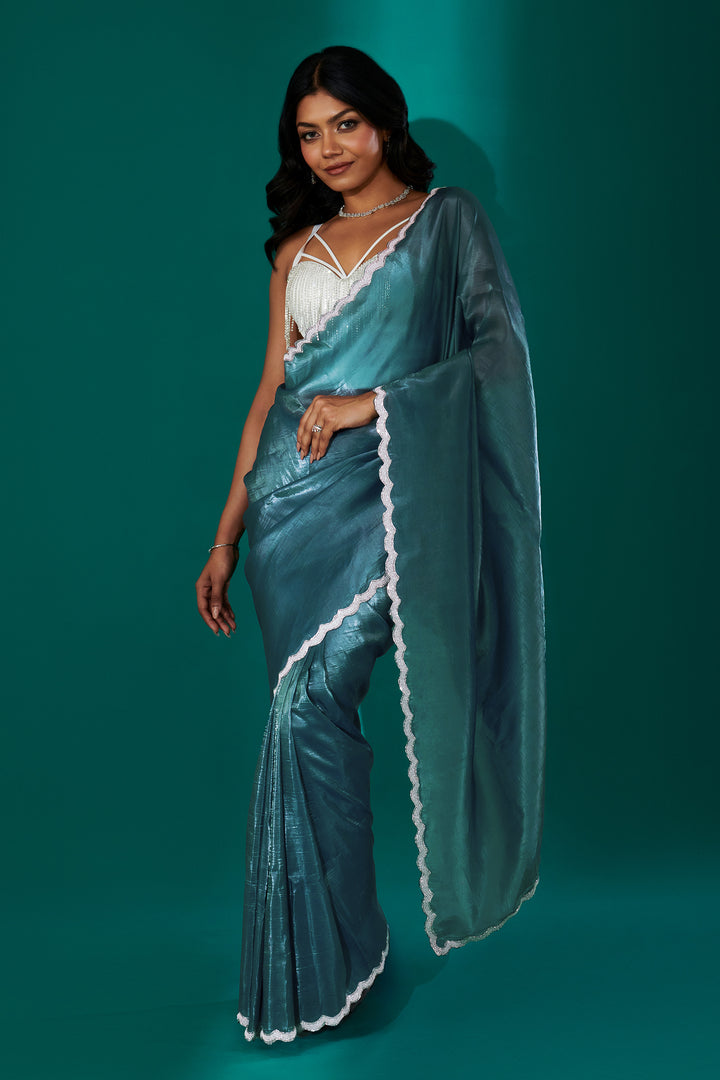 Teejh Kaanch Teal Shimmer Tissue Saree