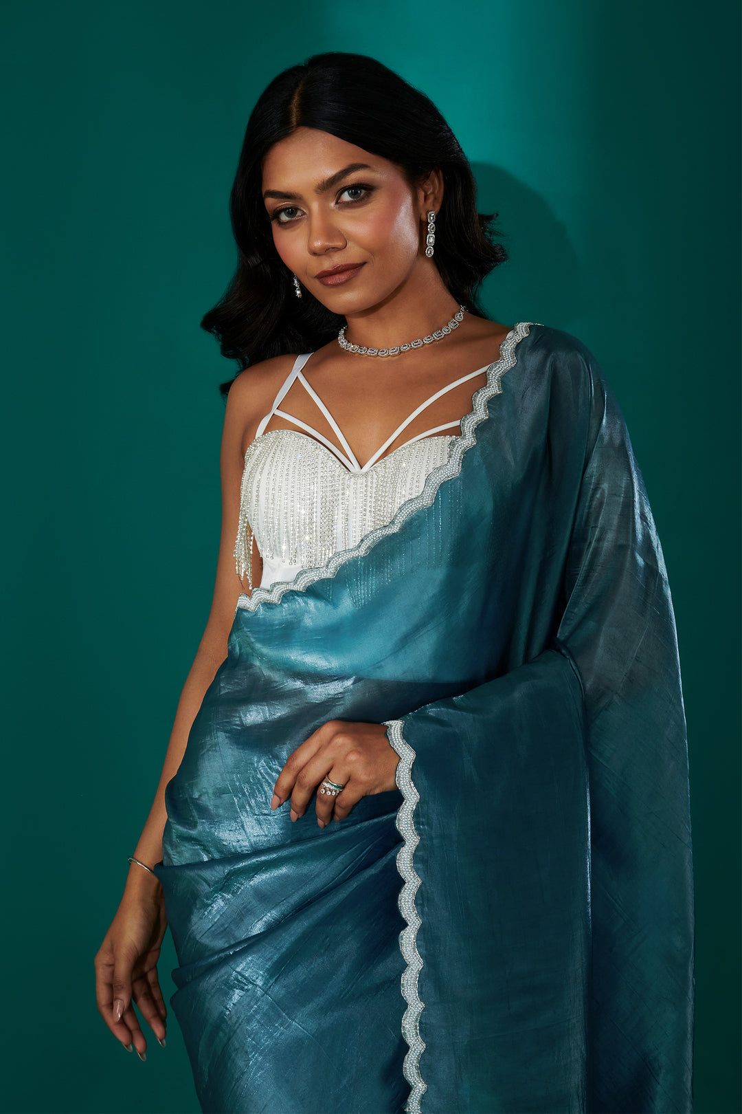 Teejh Kaanch Teal Shimmer Tissue Saree