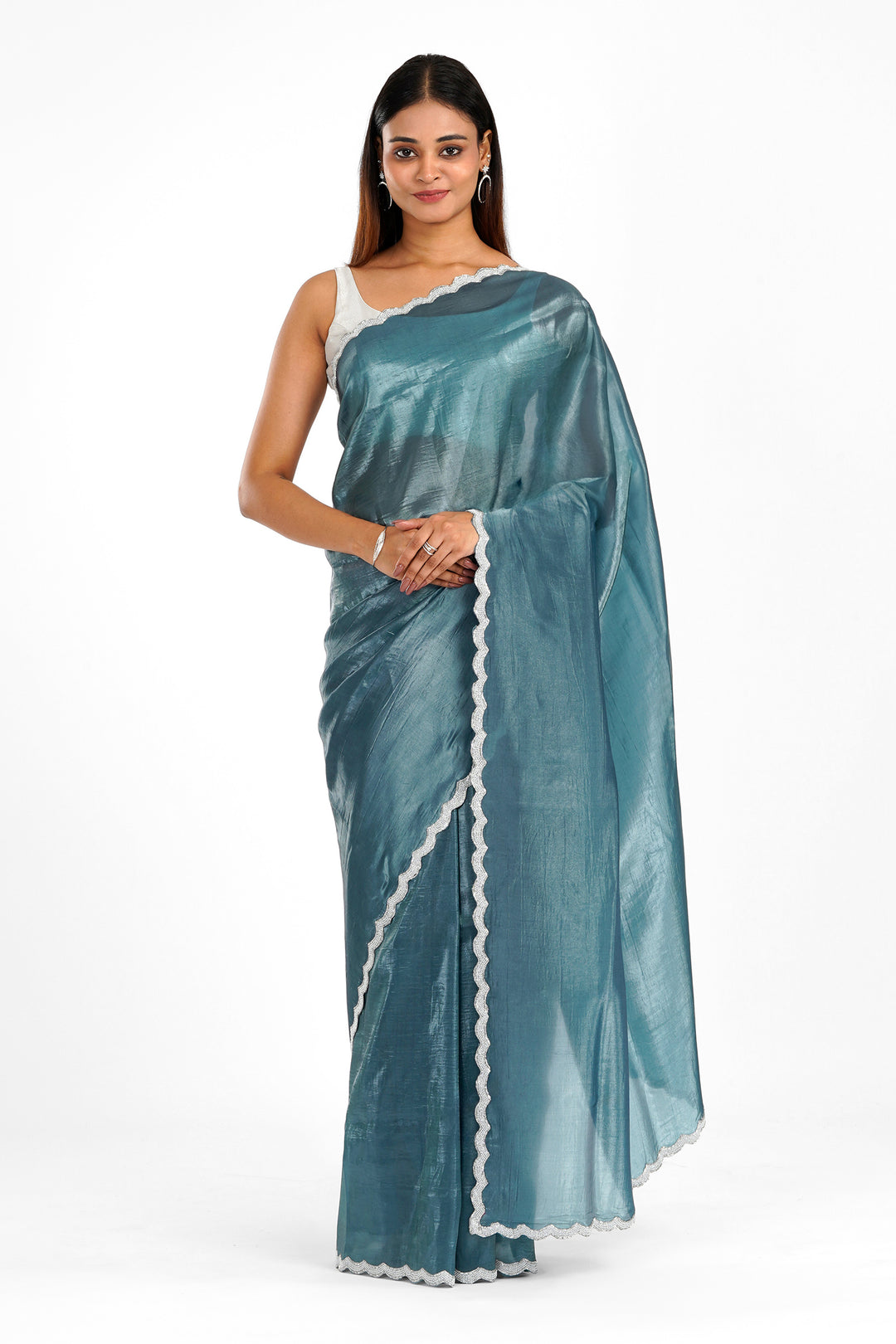 Teejh Kaanch Teal Shimmer Tissue Saree