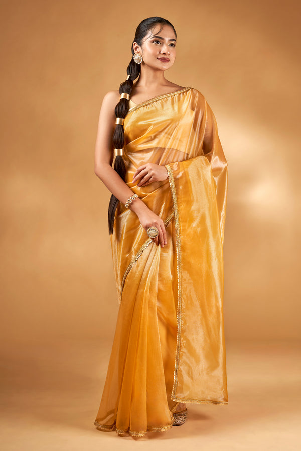 Teejh Iraja Mustard Yellow Net Saree