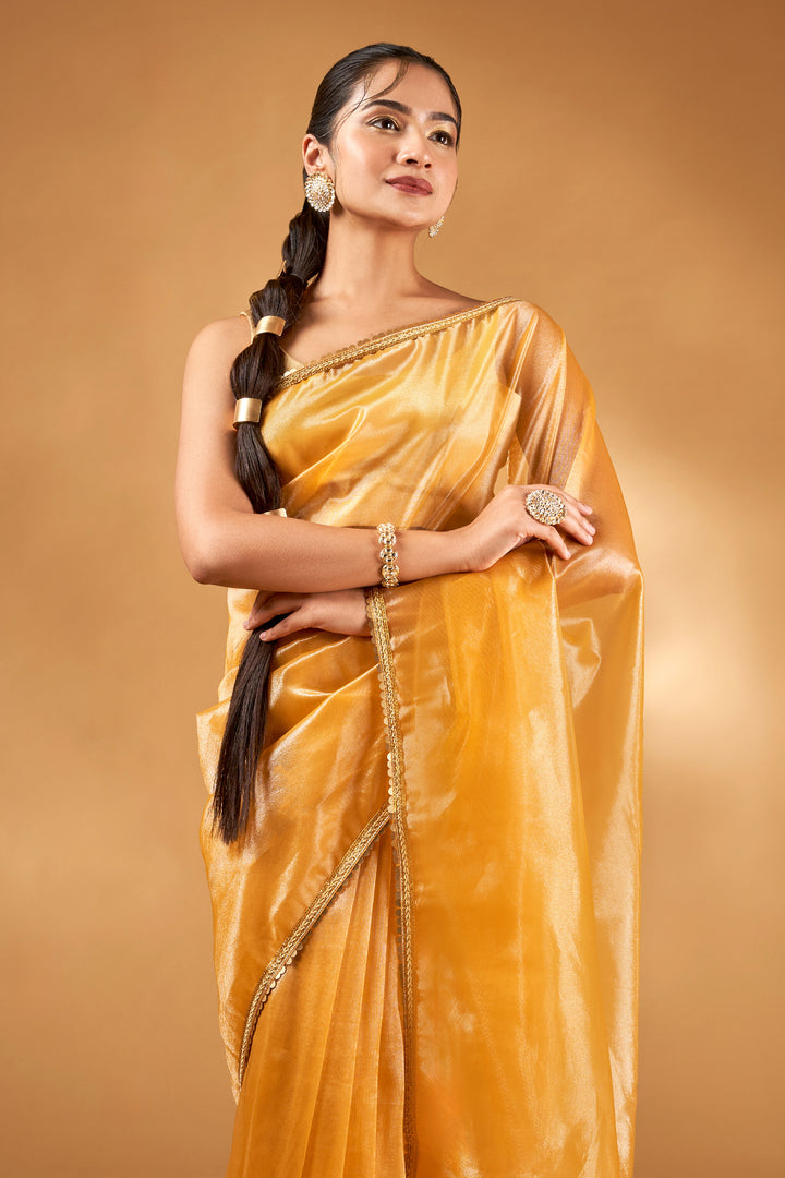 Teejh Iraja Mustard Yellow Net Saree