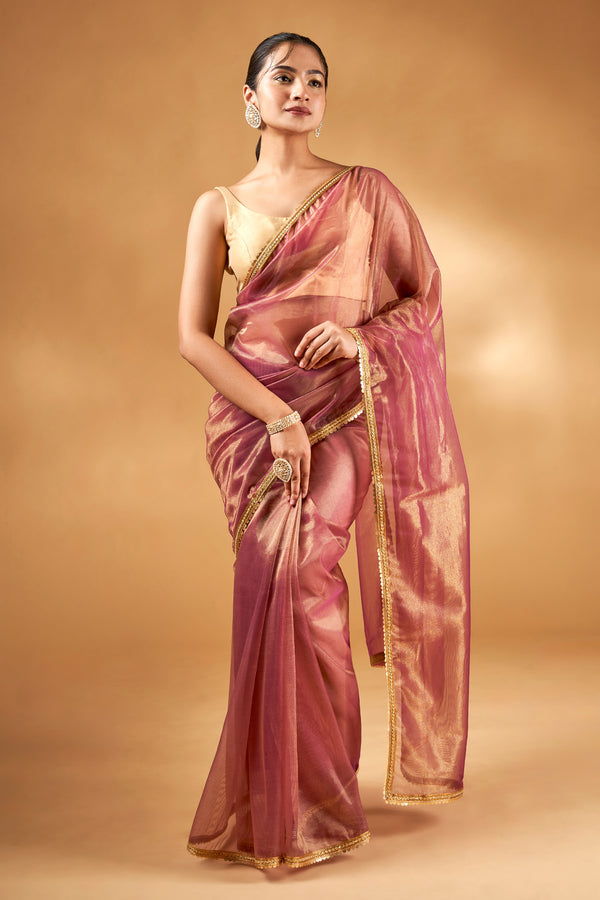 Teejh Iraja Golden Burgundy Net Saree