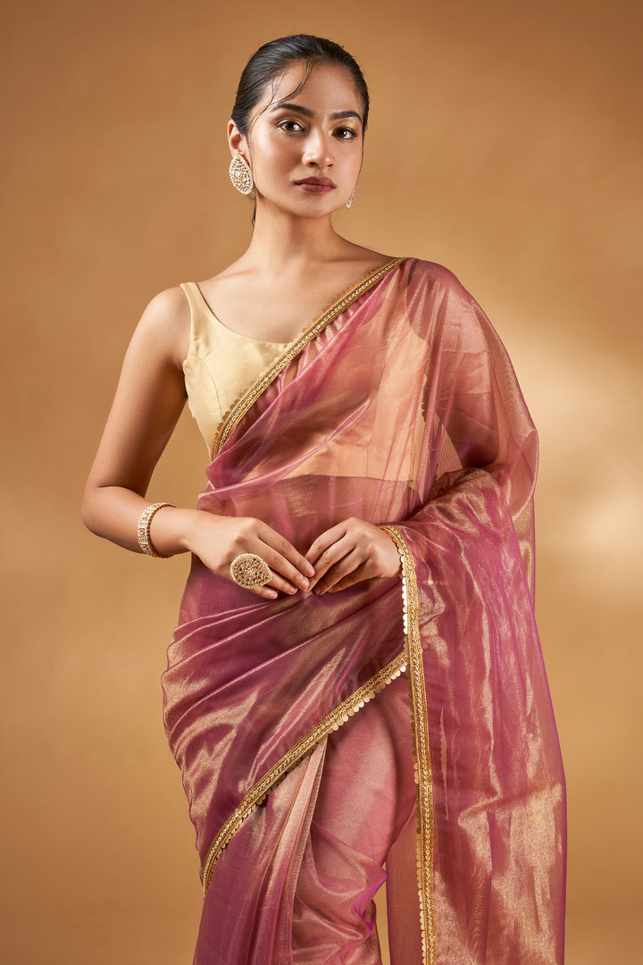 Teejh Iraja Golden Burgundy Net Saree