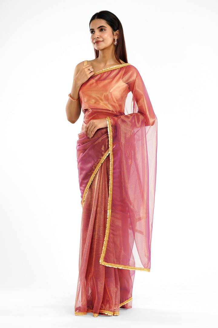Teejh Iraja Golden Burgundy Net Saree