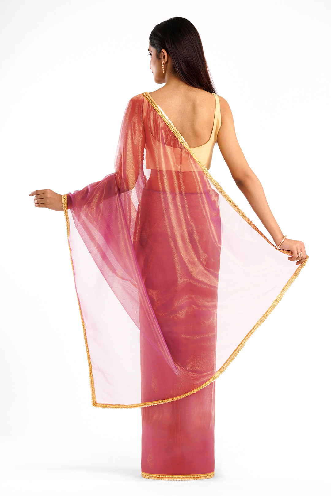 Teejh Iraja Golden Burgundy Net Saree