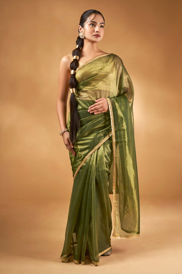 Teejh Iraja Olive Green Net Saree