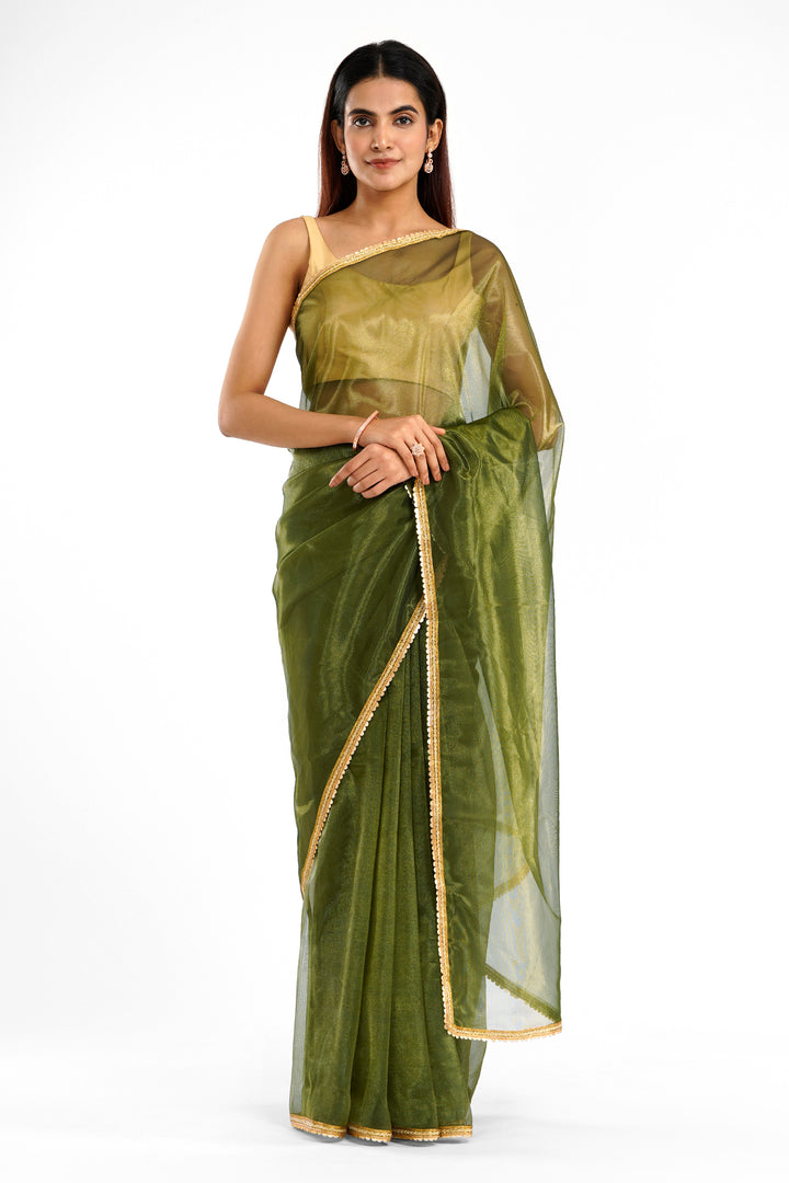 Teejh Iraja Olive Green Net Saree