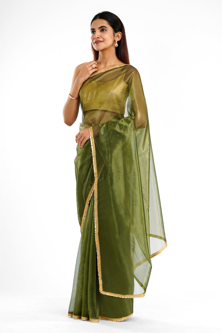 Teejh Iraja Olive Green Net Saree