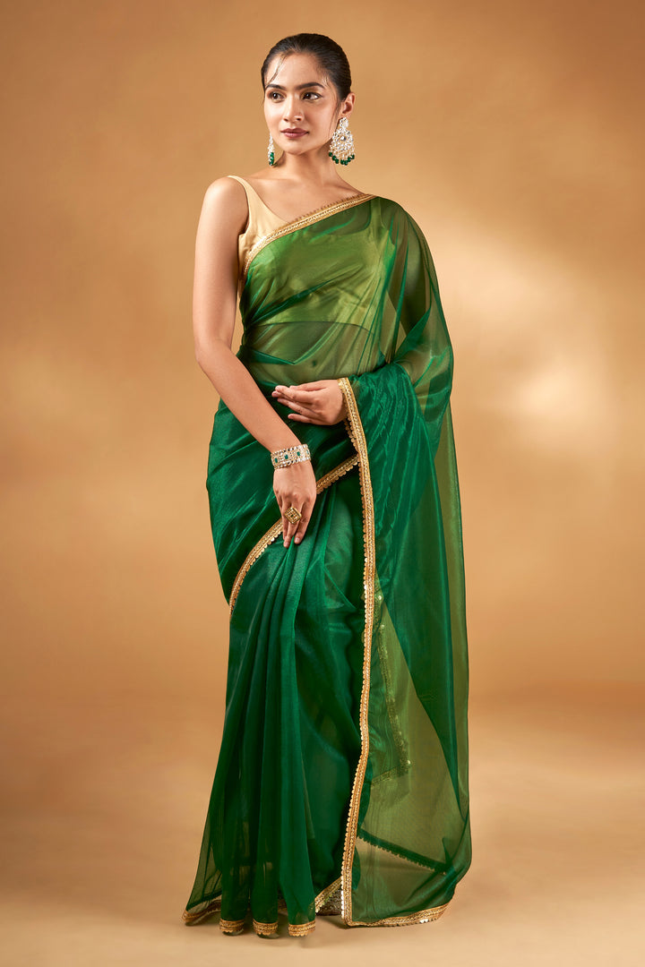 Teejh Iraja Forest Green Net Saree