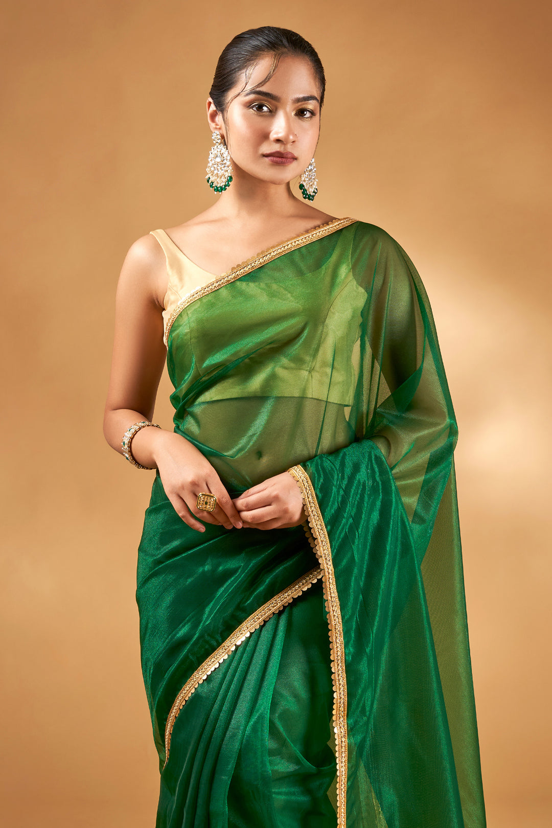 Teejh Iraja Forest Green Net Saree