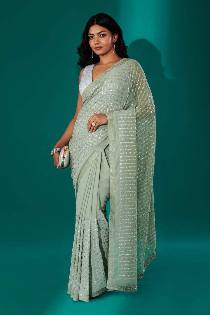 Teejh Ujwal Sage Green Georgette Saree