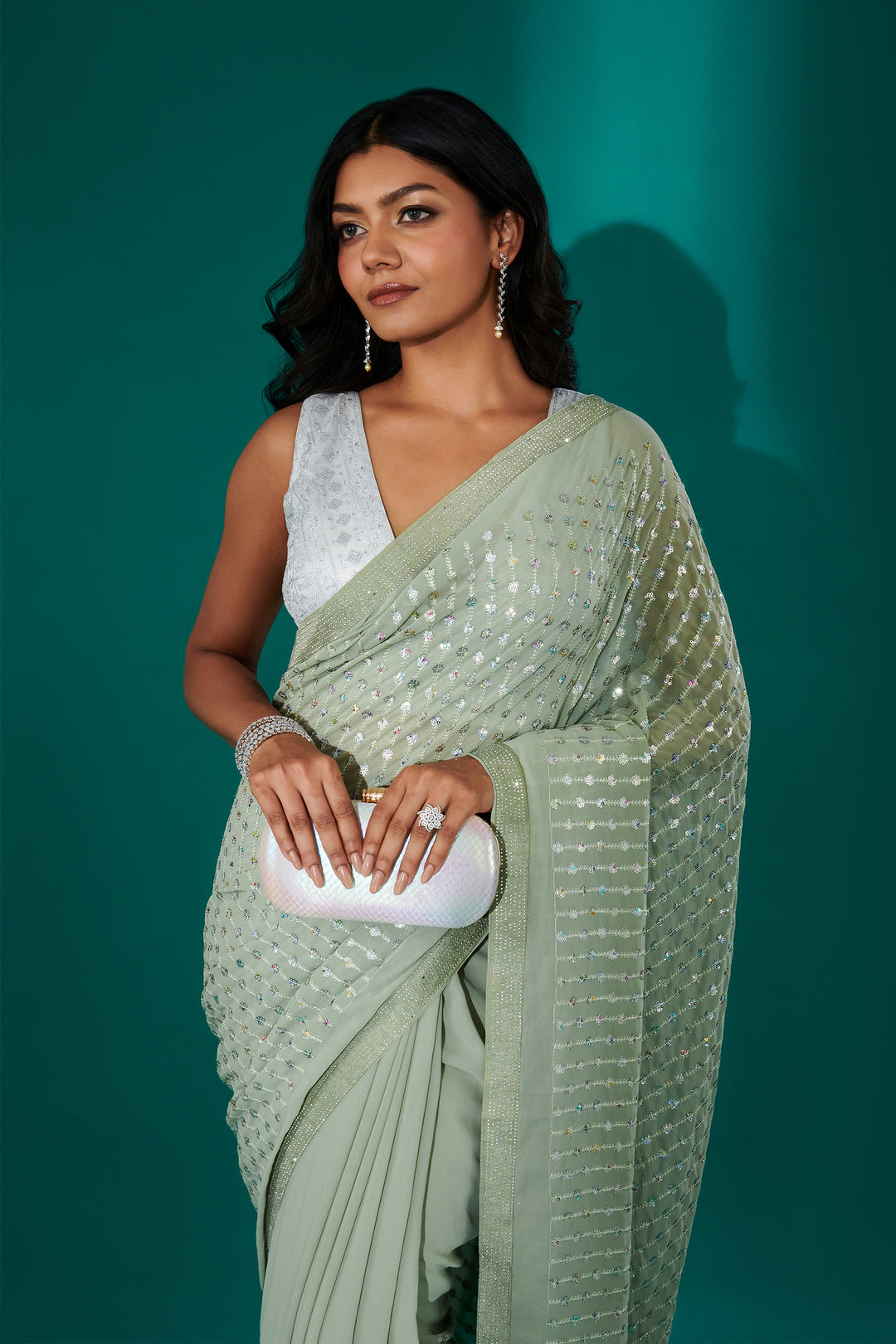 Teejh Ujwal Sage Green Georgette Saree