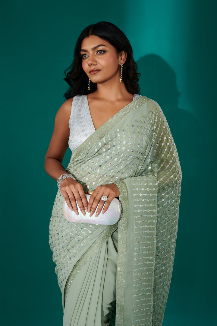 Teejh Ujwal Sage Green Georgette Saree