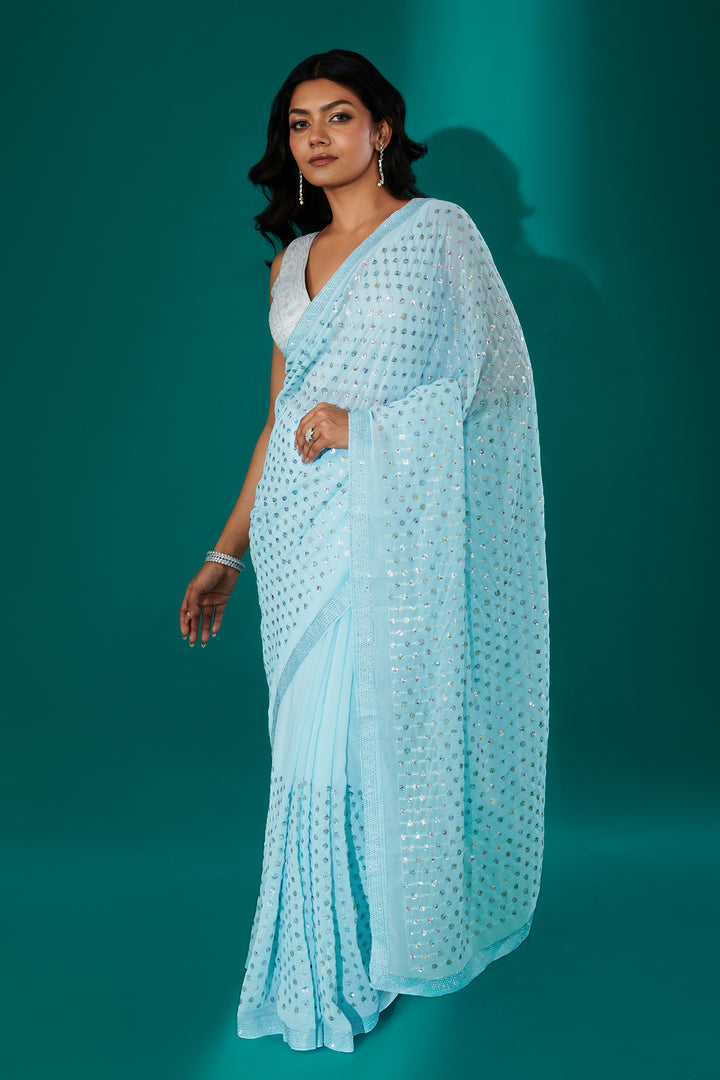 Teejh Ujwal Sky Blue Georgette Saree